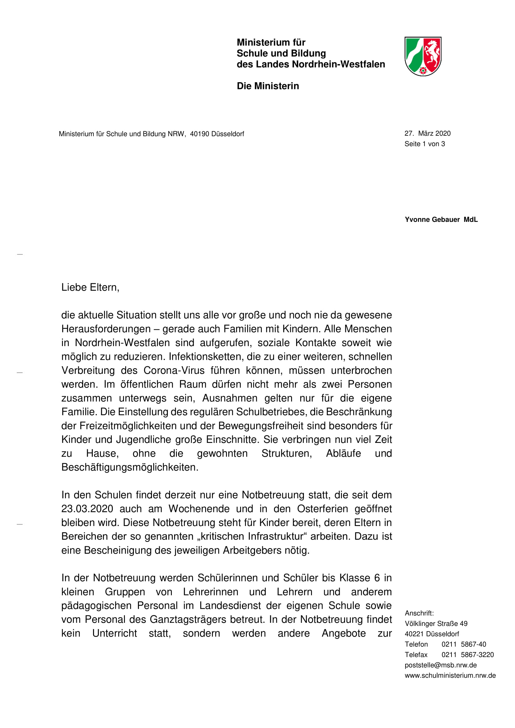 Ministerin Gebauer - Offener Brief an alle Eltern