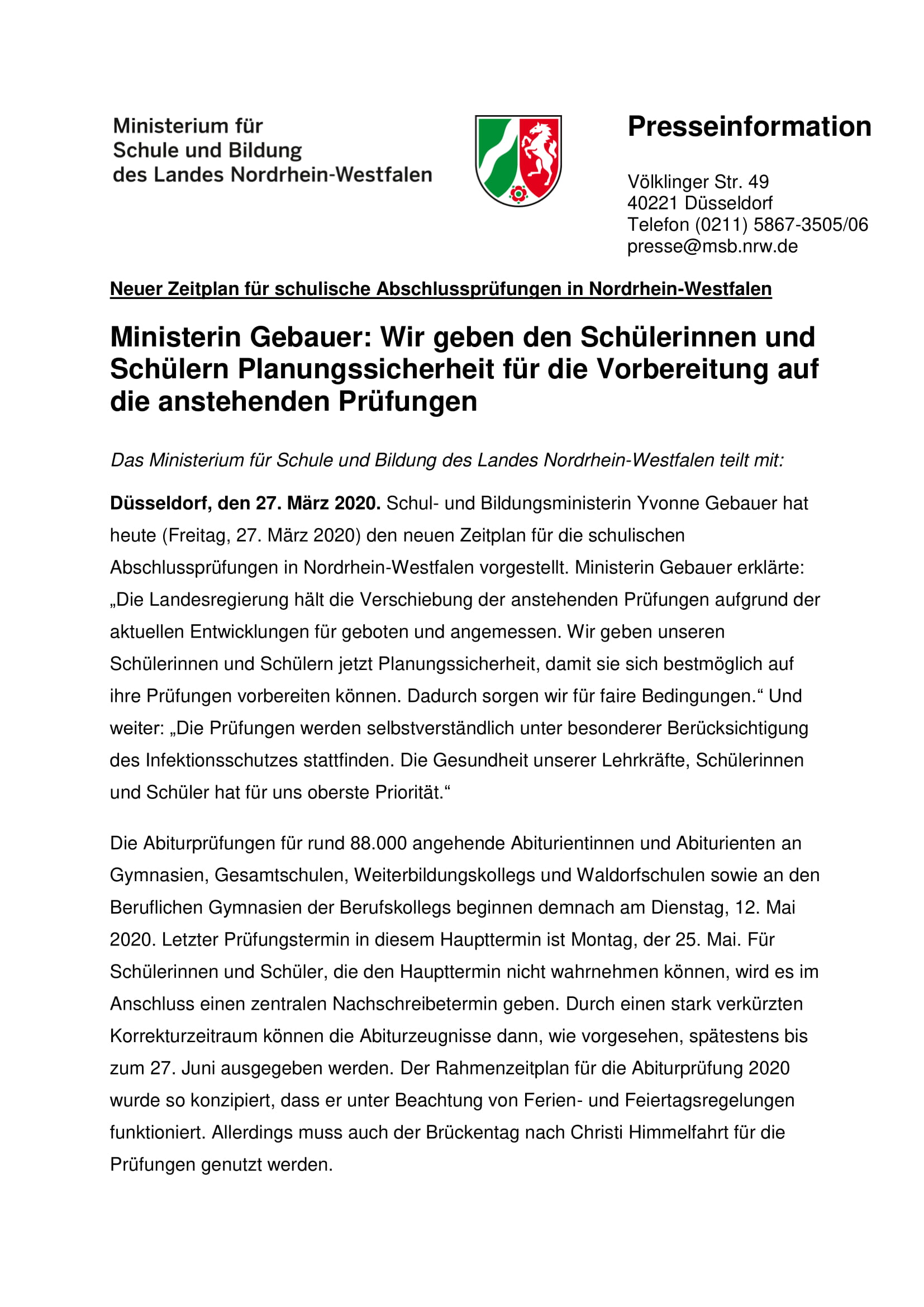 MSW: Neuer Zeitplan für schulische Abschlussprüfungen in NRW