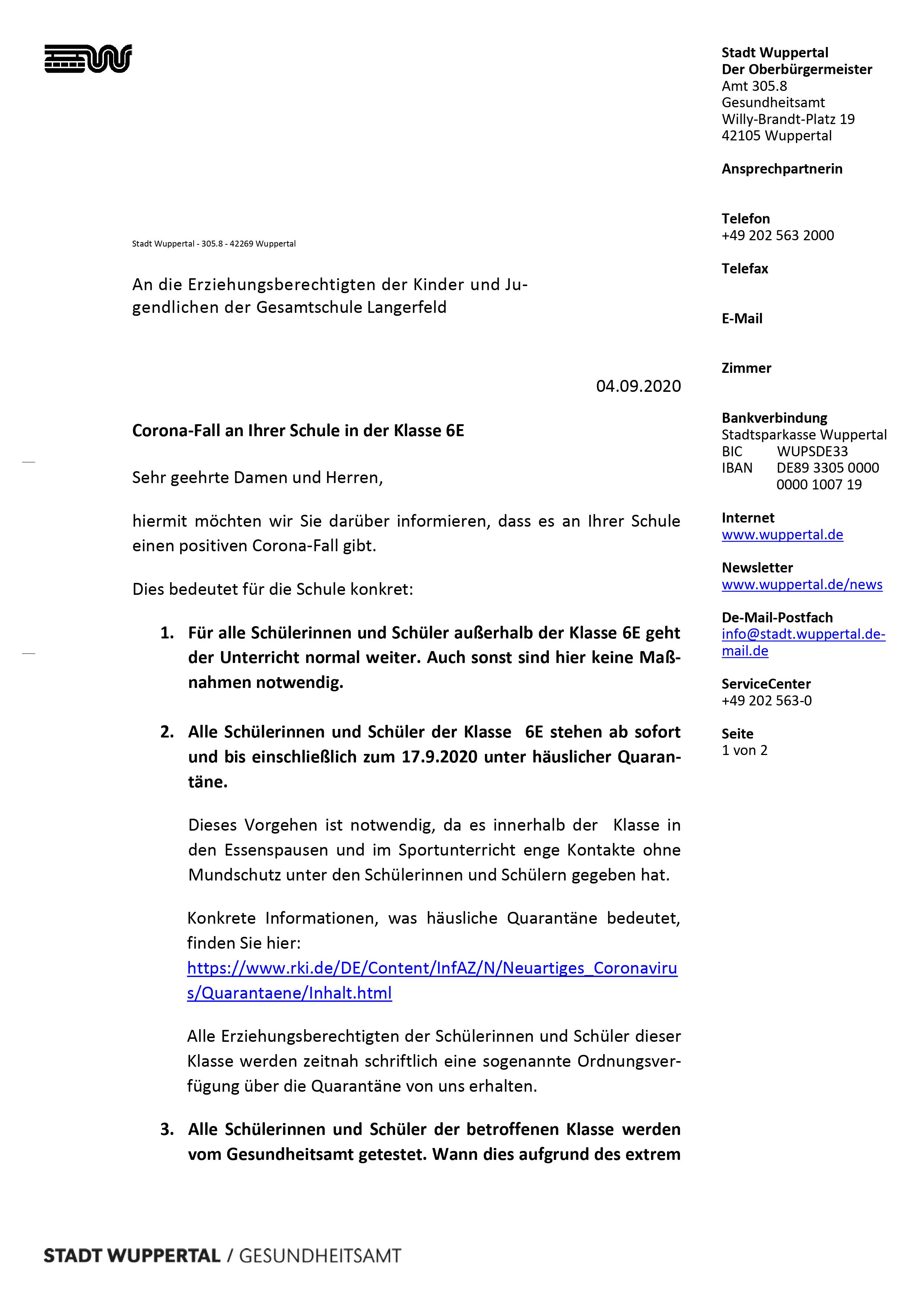 Corona-Fall in der Klasse 6E