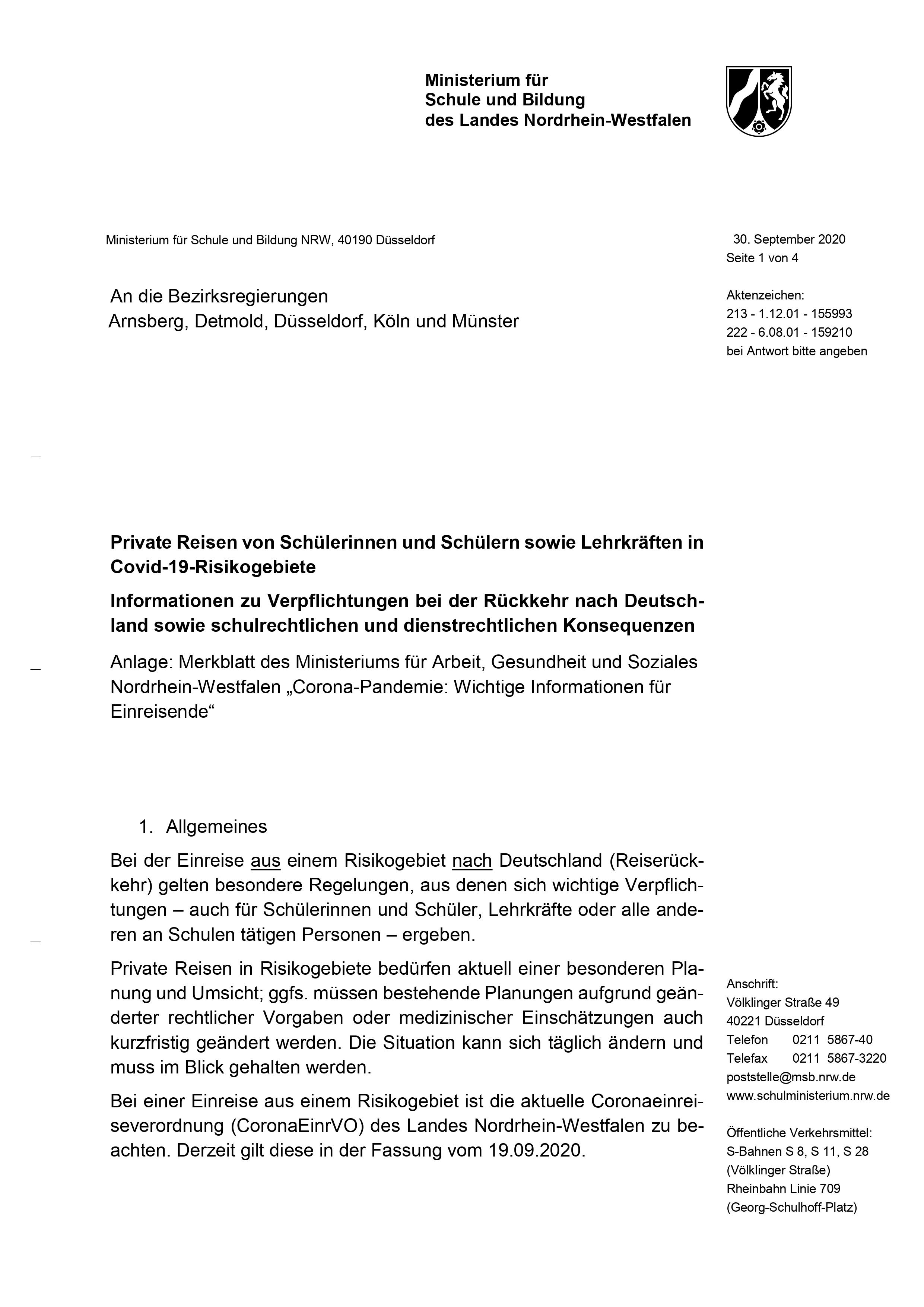 NRW – aktuelle Informationen zum 01.10.2020