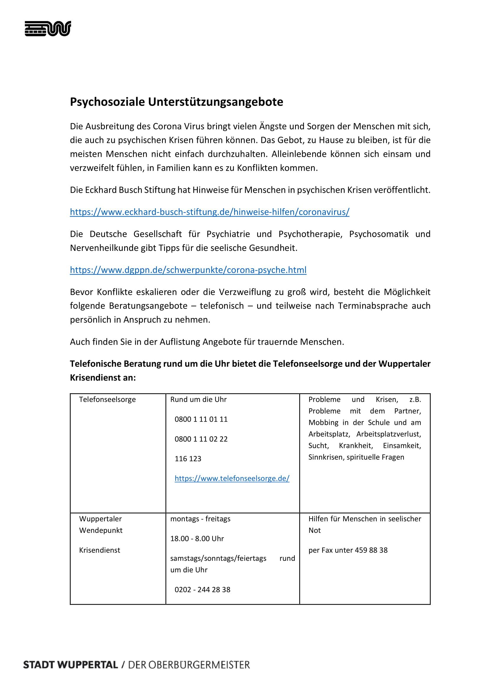 Psychosoziale Unterstützungsangebote
