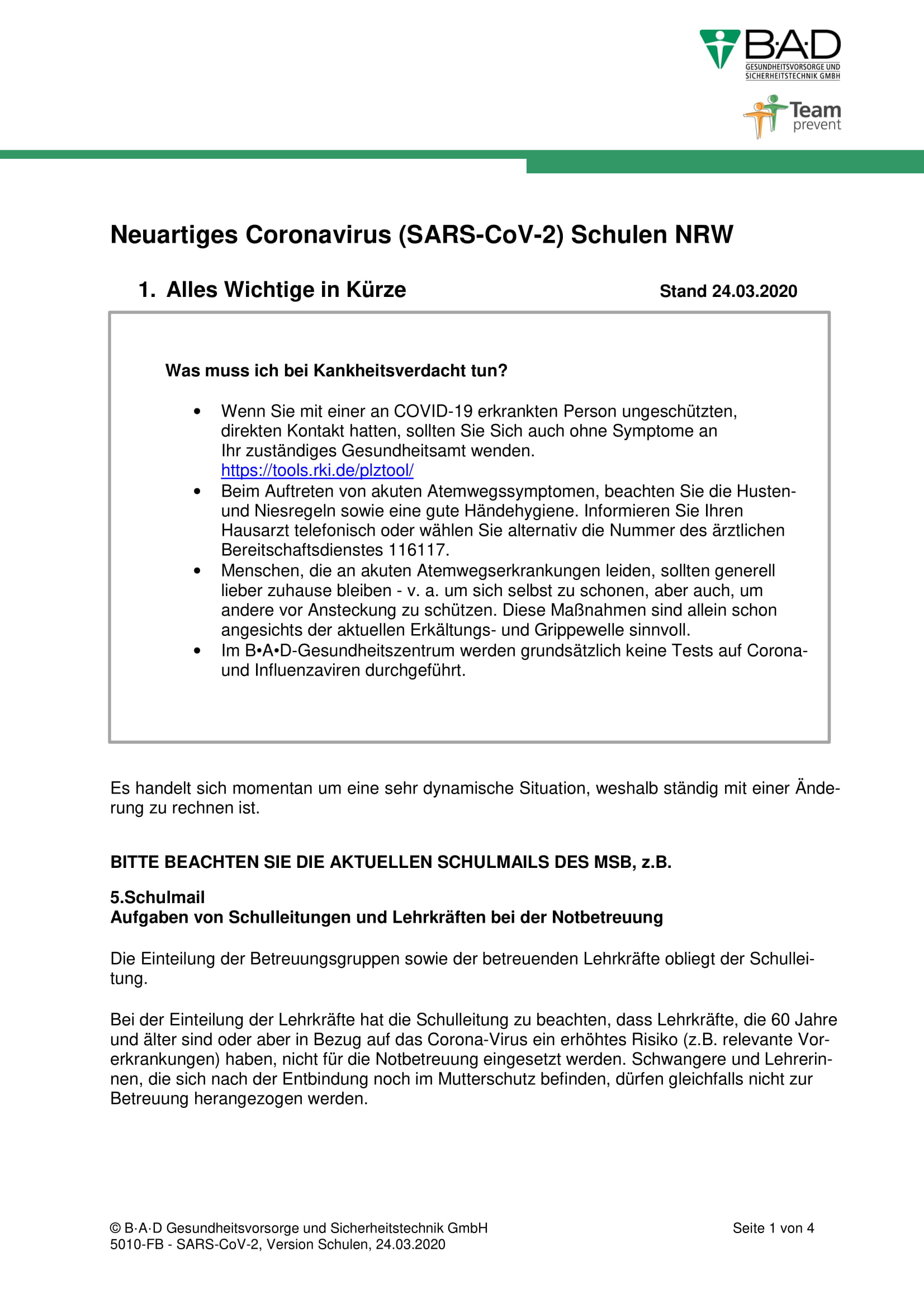 Informationen zu Corona und zum Umgang in den Schulen - 26.03.2020